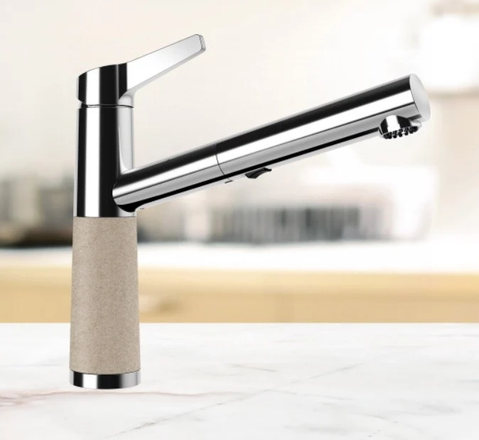 Schock SC-510 Baterie chiuveta bucatarie aspect granit Cristalite monocomanda cu dus extractibil, crom/bej (sabbia)