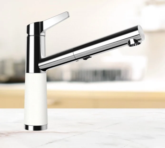 Schock SC-510 Baterie chiuveta bucatarie aspect granit Cristalite monocomanda cu dus extractibil, crom/alb (alpina)