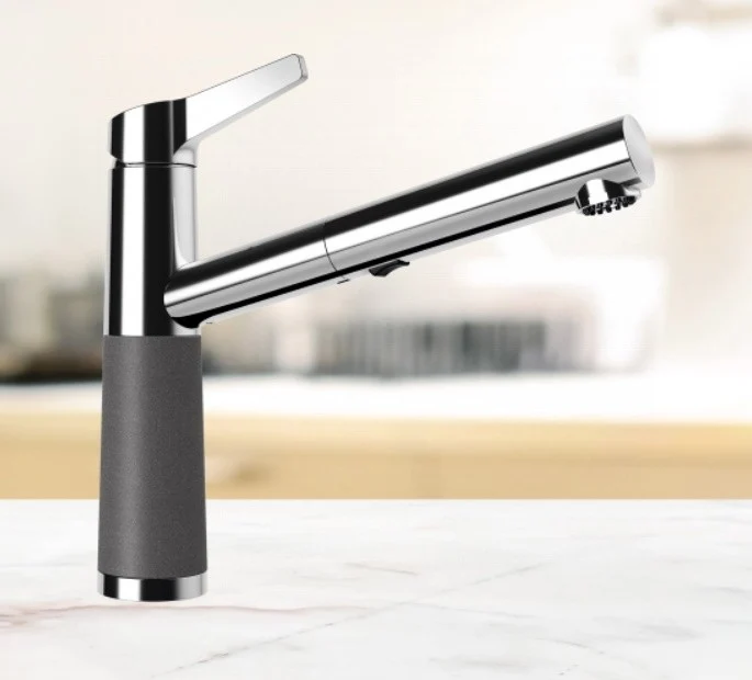 Schock SC-510 Baterie chiuveta bucatarie aspect granit Cristadur monocomanda cu dus extractibil, crom/gri inchis (stone)