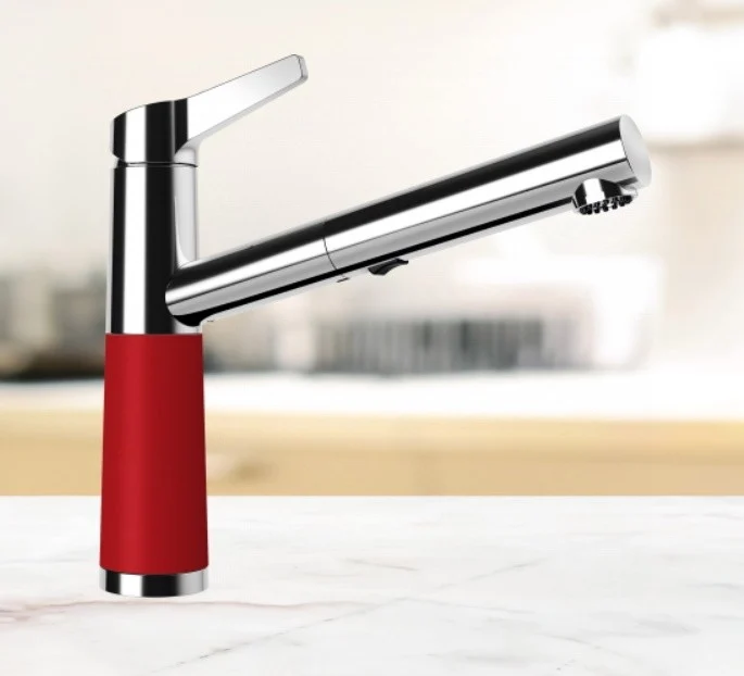 Schock SC-510 Baterie chiuveta bucatarie aspect granit Cristadur monocomanda cu dus extractibil, crom/rosu (rouge)