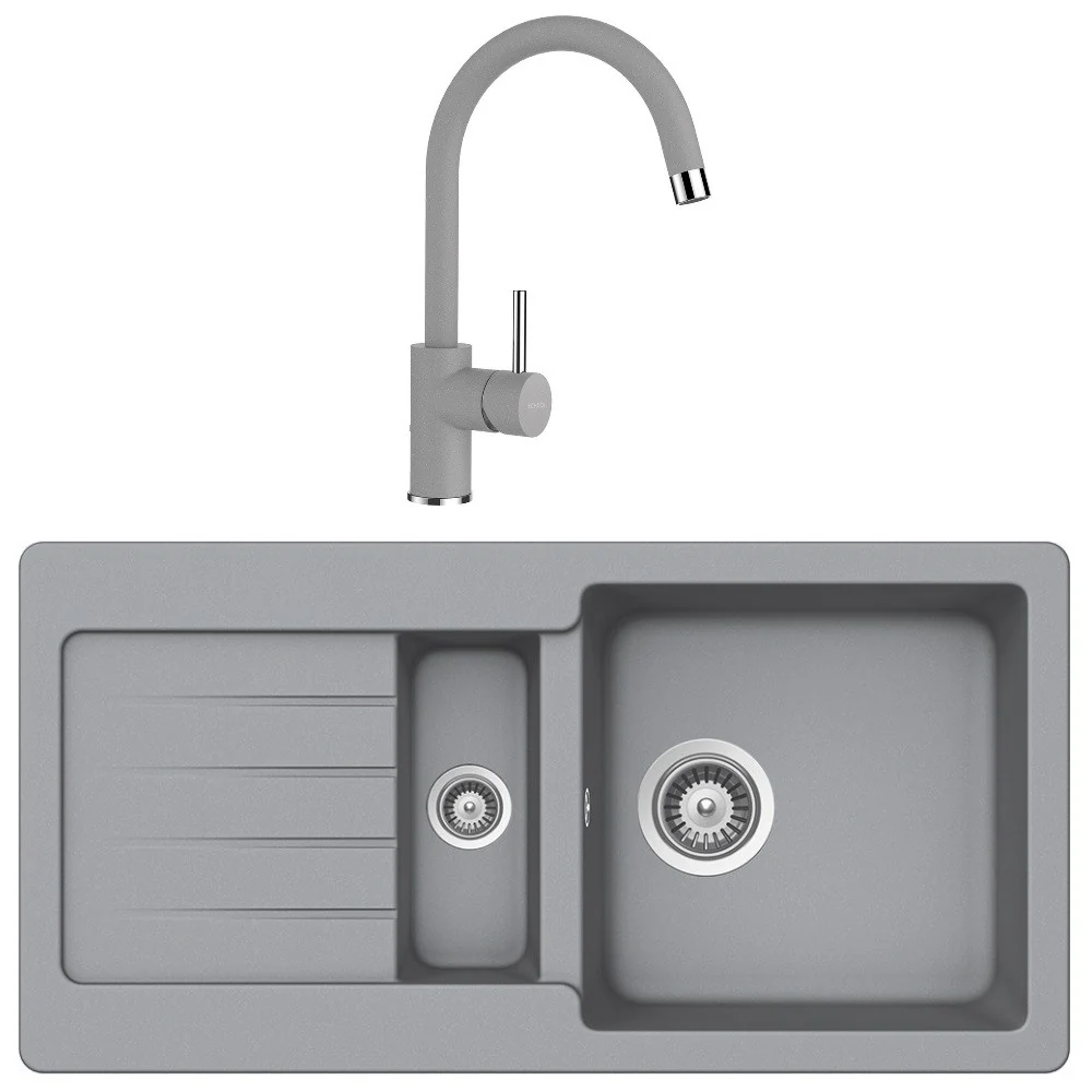 Schock Typos D-150S Set chiuveta bucatarie granit Cristalite 86x44 cm si baterie monocomanda Plutos Croma, gri deschis