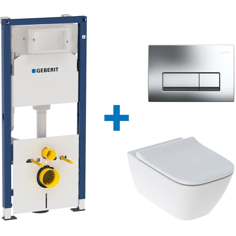 Set promo Vas WC suspendat cu rezervor incastrat, clapeta si capac Geberit Smyle Square Rimfree 36x54 cm, evacuare orizontala
