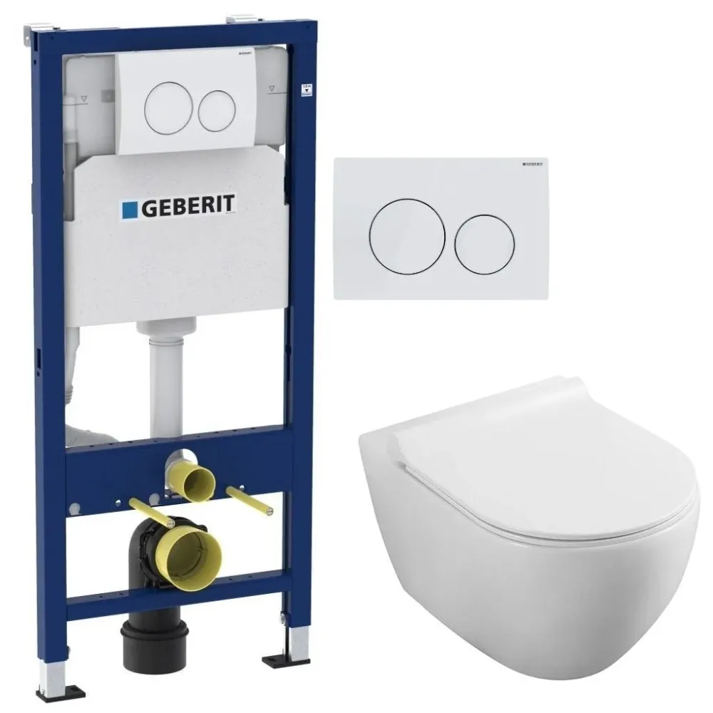 Set Promo Vas WC suspendat cu rezervor incastrat, clapeta de actionare alba, capac soft close, Geberit Delta si Fluminia M...