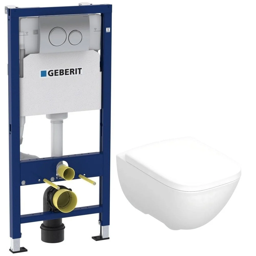 Set Promo Vas WC suspendat cu rezervor incastrat, clapeta de actionare alba, capac soft close, Geberit Delta si Selnova Sq...