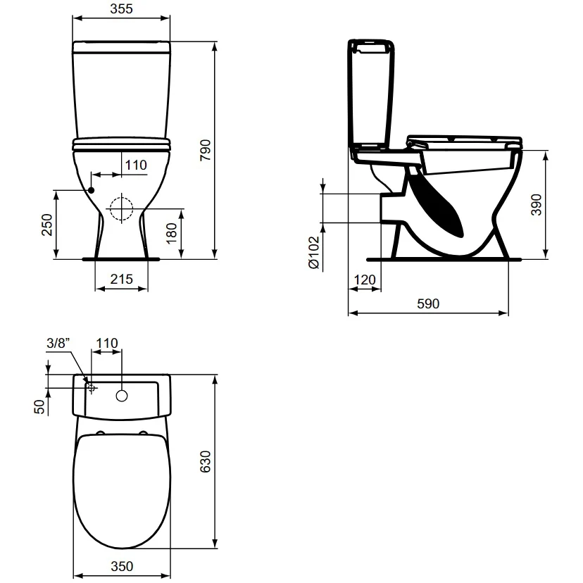 Set Vas WC pe pardoseala cu rezervor aparent si capac soft close Ideal Standard Eurovit Plus 35x63 cm evacuare orizontala