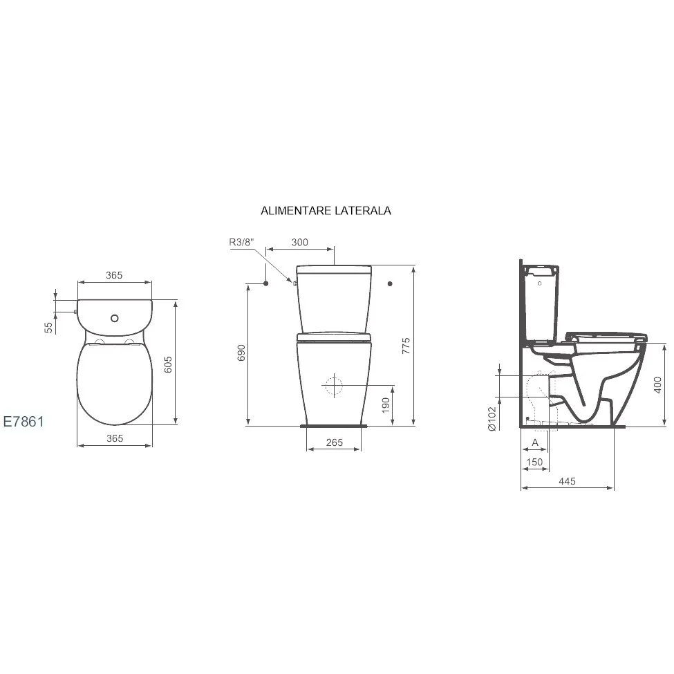 Set Vas WC pe pardoseala cu rezervor aparent si capac Ideal Standard Connect Arc 37x67 cm evacuare orizontala