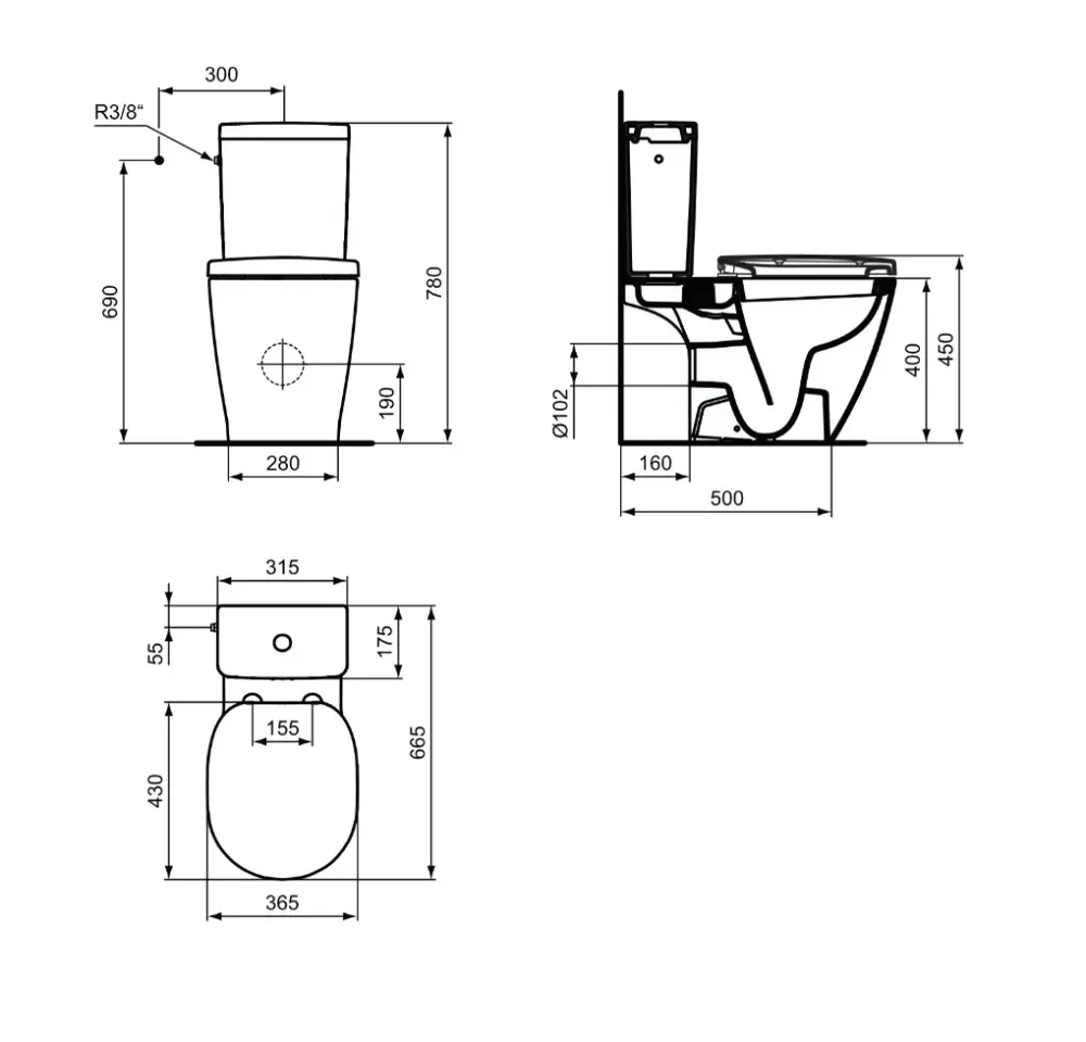 Set Vas WC pe pardoseala cu rezervor aparent si capac soft close Ideal Standard Connect Cube 37x67 cm evacuare orizontala