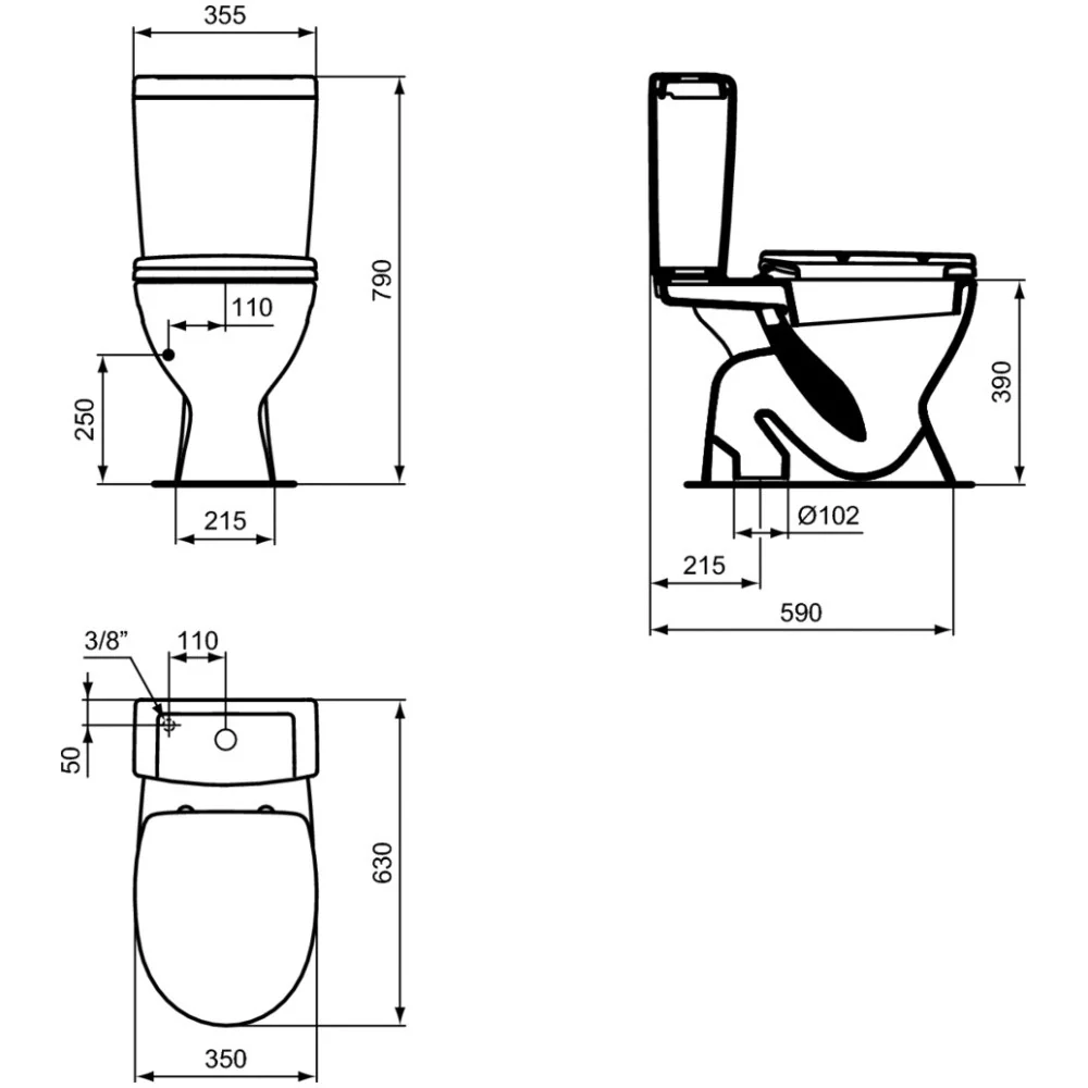 Set Vas WC pe pardoseala cu rezervor aparent si capac Ideal Standard Eurovit Plus 35x63 cm evacuare verticala