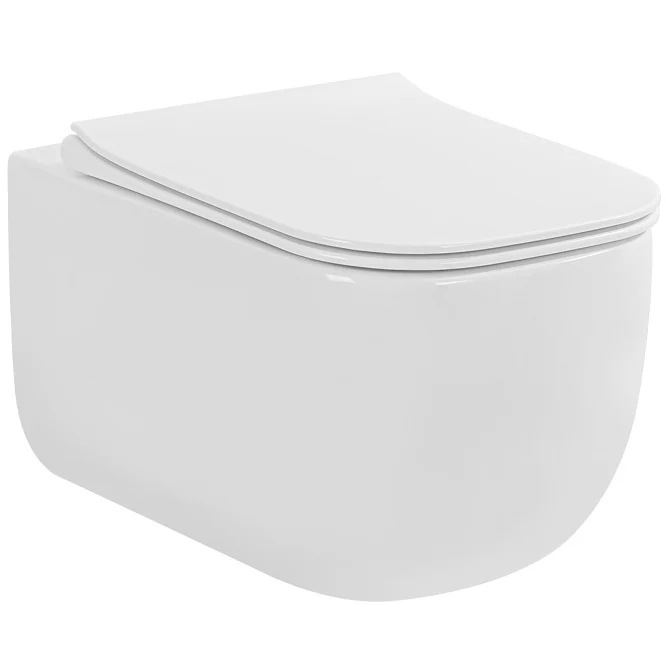 Set Vas WC suspendat cu capac soft close Fluminia Orion Rimless 35x52 cm evacuare orizontala, alb