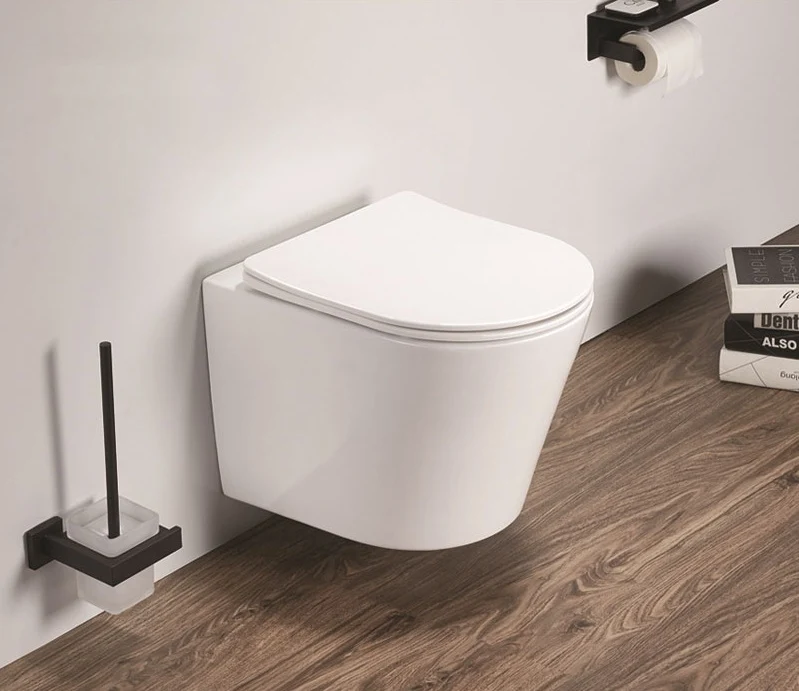 Set Vas WC suspendat cu capac soft close Fluminia Clementina Rimless 36x49 cm evacuare orizontala, alb