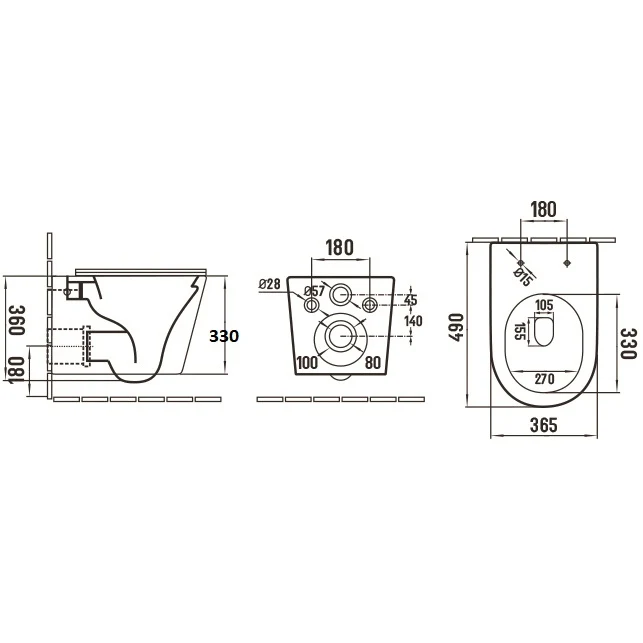 Set Vas WC suspendat cu capac soft close Fluminia Clementina Rimless 36x49 cm evacuare orizontala, alb