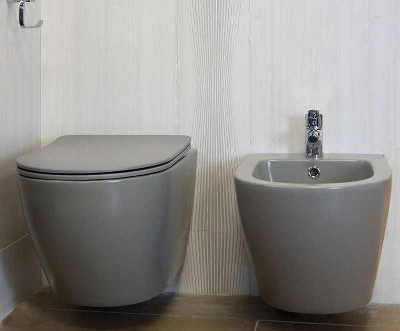 Set Vas WC suspendat cu capac soft close Fluminia Alfonzo Rimless 35x54 cm evacuare orizontala, gri mat