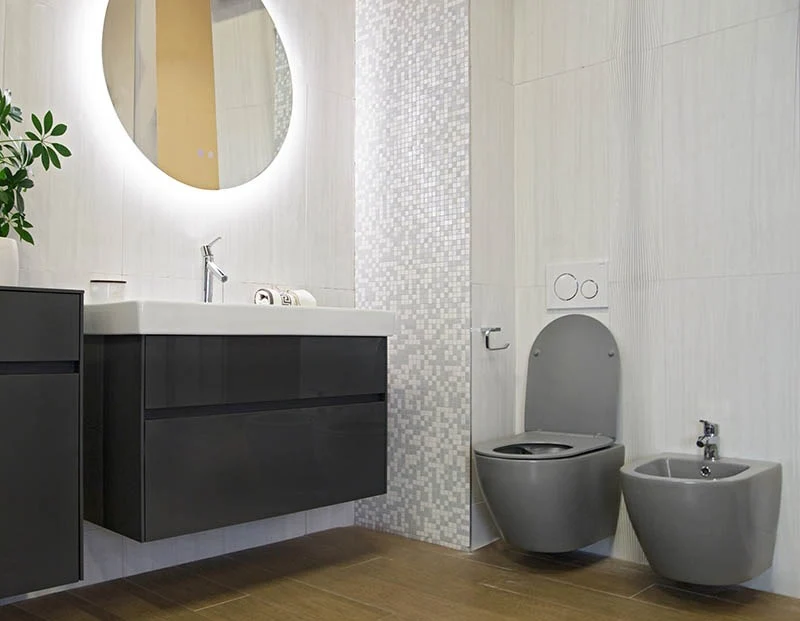 Set Vas WC suspendat cu capac soft close Fluminia Alfonzo Rimless 35x54 cm evacuare orizontala, gri mat