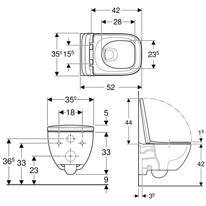 Set Vas WC suspendat cu capac soft close Geberit Selnova Premium Square Rimfree 36x52 cm evacuare orizontala
