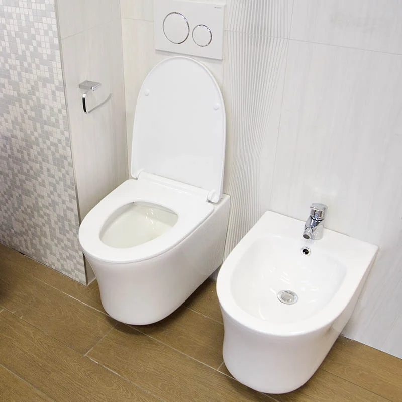 Set Vas WC suspendat cu capac soft close Fluminia Isolda Rimless 36x52 cm evacuare orizontala, alb