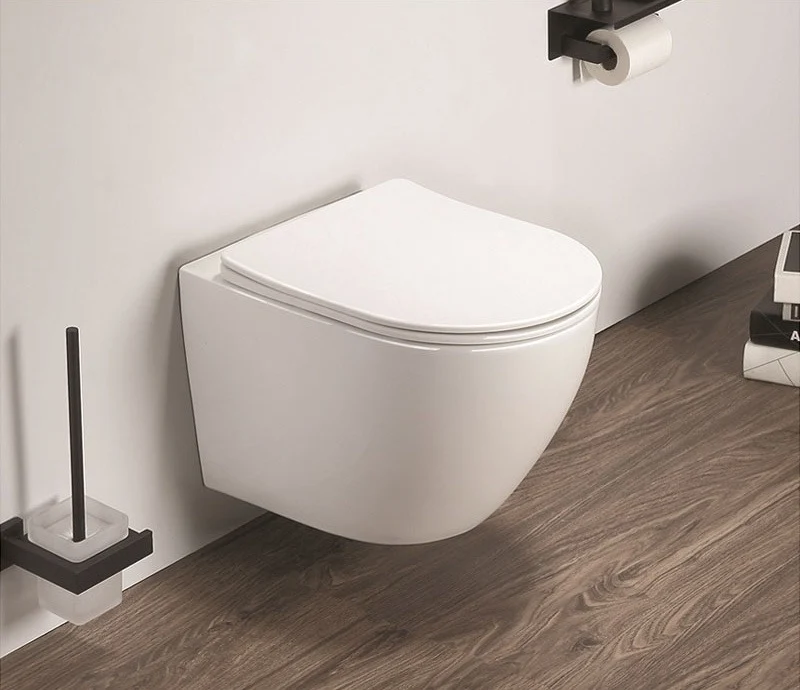 Set Vas WC suspendat cu capac soft close Fluminia Alfonzo Rimless 35x54 cm evacuare orizontala, alb