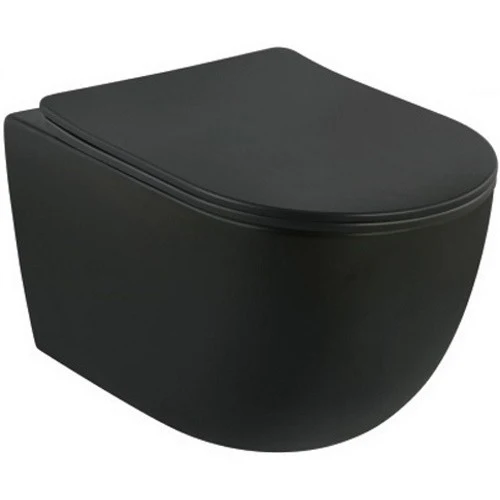 Set Vas WC suspendat cu capac soft close Fluminia Minerva Rimless 36x52 cm evacuare orizontala, negru mat