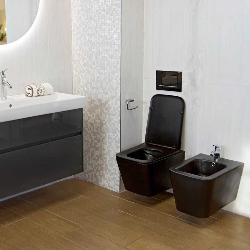Set Vas WC suspendat cu capac soft close Fluminia Paris Rimless 37x53 cm evacuare orizontala, negru mat