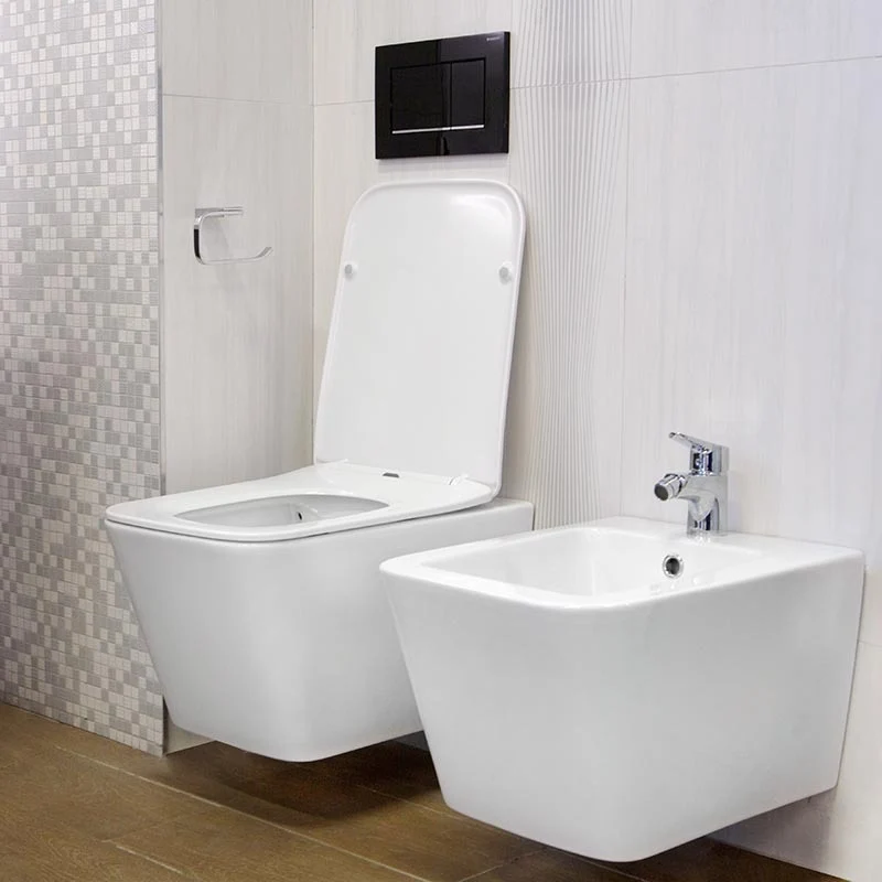 Set Vas WC suspendat cu capac soft close Fluminia Paris Rimless 37x53 cm evacuare orizontala, alb