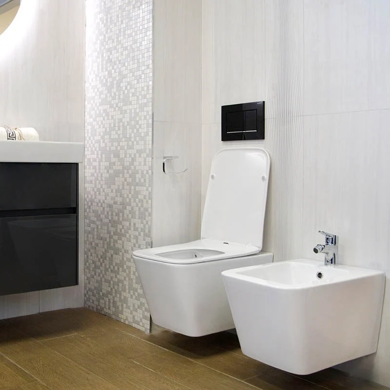 Set Vas WC suspendat cu capac soft close Fluminia Paris Rimless 37x53 cm evacuare orizontala, alb