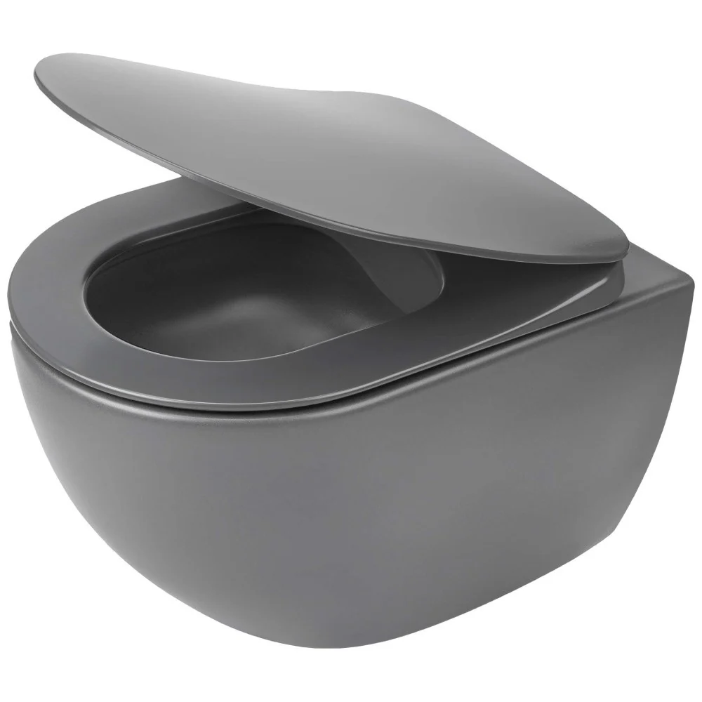 Set Vas WC suspendat cu capac soft close Deante Peonia Rimless 36x51 cm evacuare orizontala, antracit (titanium)
