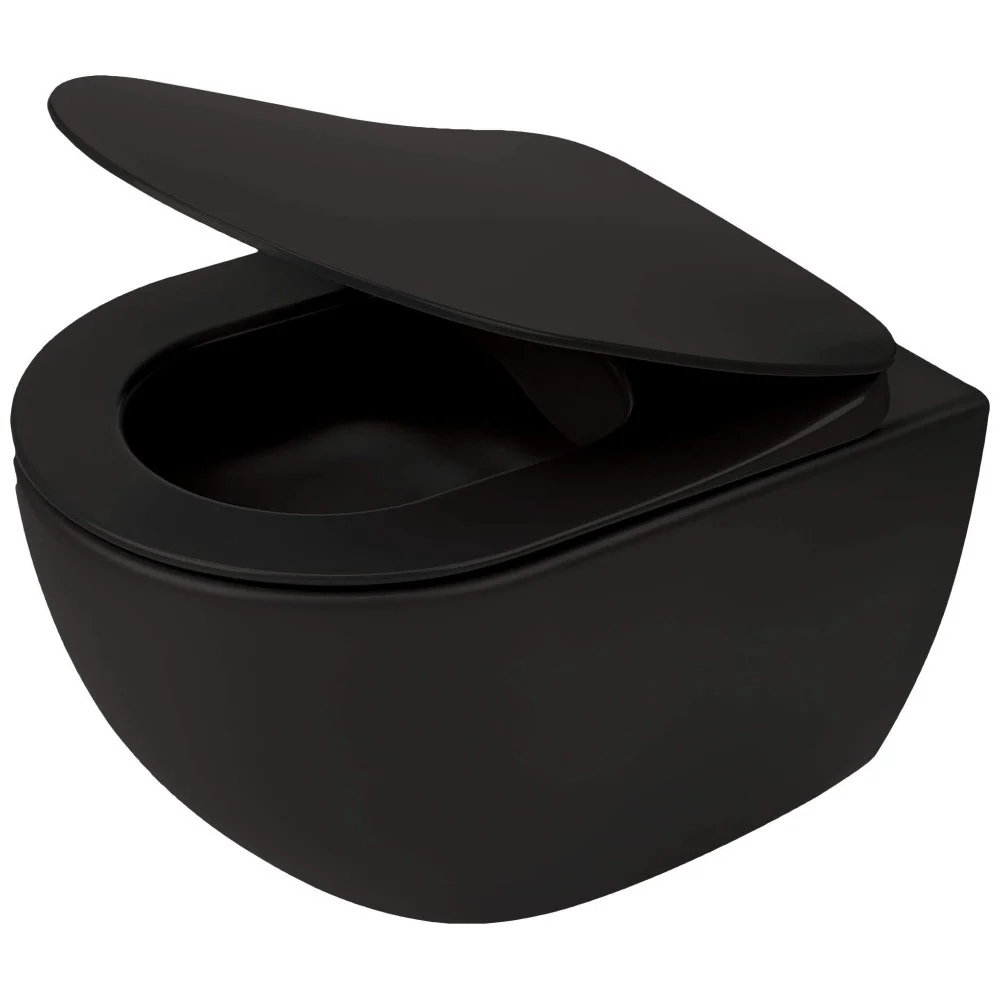 Set Vas WC suspendat cu capac soft close Deante Peonia Rimless 36x51 cm evacuare orizontala, negru