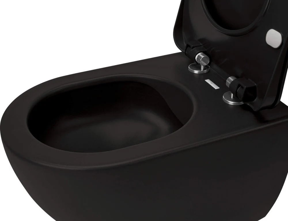 Set Vas WC suspendat cu capac soft close Deante Peonia Rimless 36x51 cm evacuare orizontala, negru