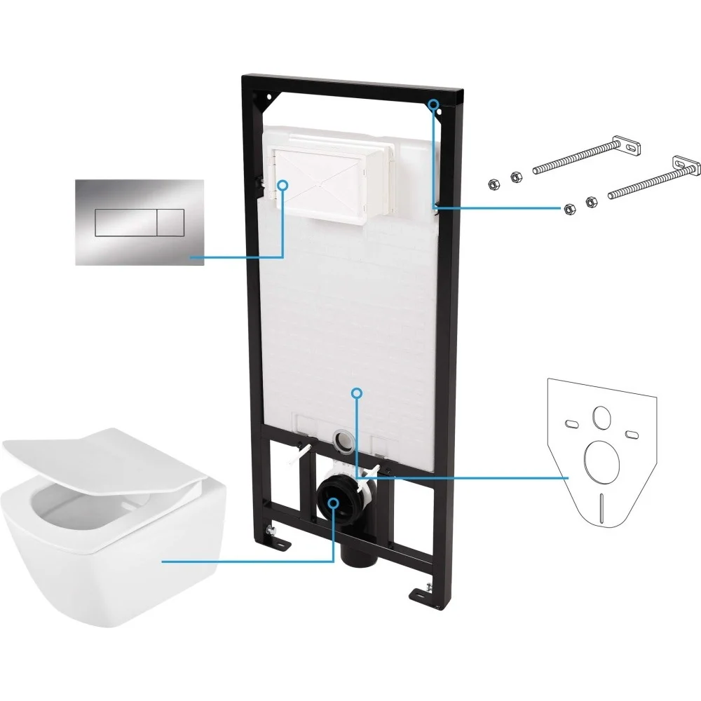 Set Vas WC suspendat cu rezervor incastrat, capac si clapeta de actionare crom Deante Anemon Zero Rimless 37x52 cm evacuar...
