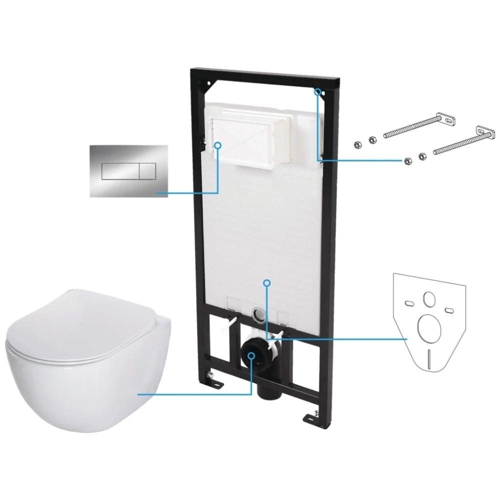 Set Vas WC suspendat cu rezervor incastrat, capac soft close si clapeta de actionare crom Deante Peonia Rimless 36x51 cm e...