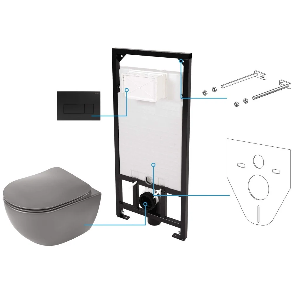 Set Vas WC suspendat cu rezervor incastrat, capac soft close si clapeta de actionare neagra Deante Peonia Rimless 36x51 cm...