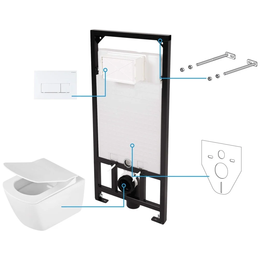 Set Vas WC suspendat cu rezervor incastrat, capac si clapeta de actionare alba Deante Anemon Zero Rimless 37x52 cm evacuar...