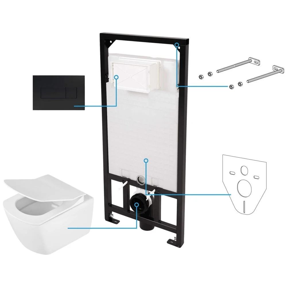 Set Vas WC suspendat cu rezervor incastrat, capac si clapeta de actionare neagra Deante Anemon Zero Rimless 37x52 cm evacu...