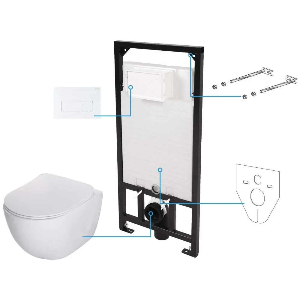 Set Vas WC suspendat cu rezervor incastrat, capac soft close si clapeta de actionare alba Deante Peonia Rimless 36x51 cm e...