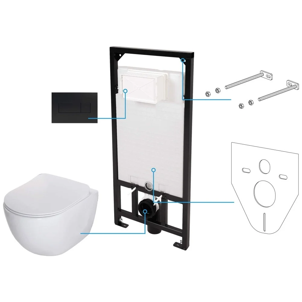 Set Vas WC suspendat cu rezervor incastrat, capac soft close si clapeta de actionare neagra Deante Peonia Rimless 36x51 cm...