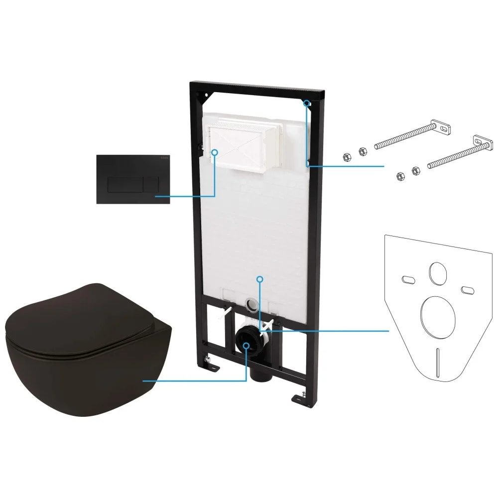 Set Vas WC suspendat cu rezervor incastrat, capac soft close si clapeta de actionare neagra Deante Peonia Rimless 36x51 cm...