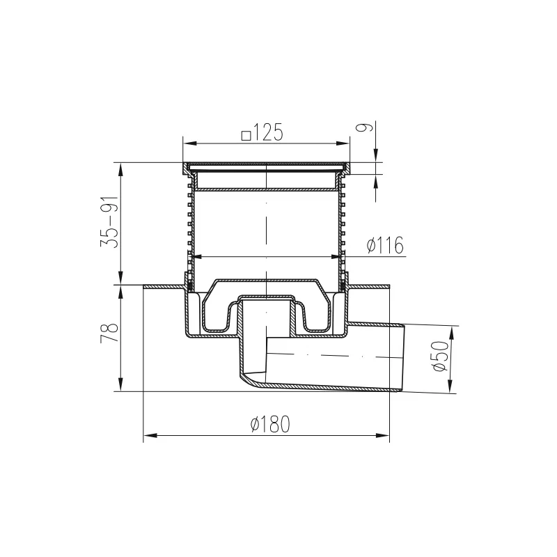 Sifon de dus cu evacuare laterala D50 cu flotor antimiros, cadru si gratar de inox SUN 125x125 mm