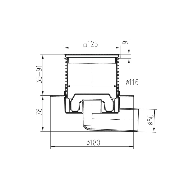 Sifon de dus cu evacuare laterala D50 cu flotor antimiros, cadru si gratar de inox tip gate 125X125 mm