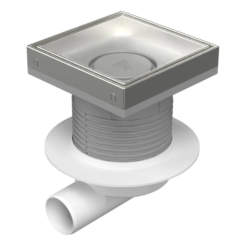 Sifon de pardoseala iesire orizontala D50/h reglabil cu gratar de inox ceramics 150x150 si guler, MCH Chudej
