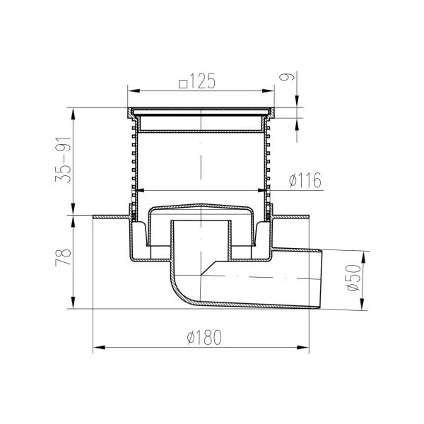 Sifon de pardoseala MCH cu iesire orizontala DN50/H reglabil, rectangular cu guler/flansa