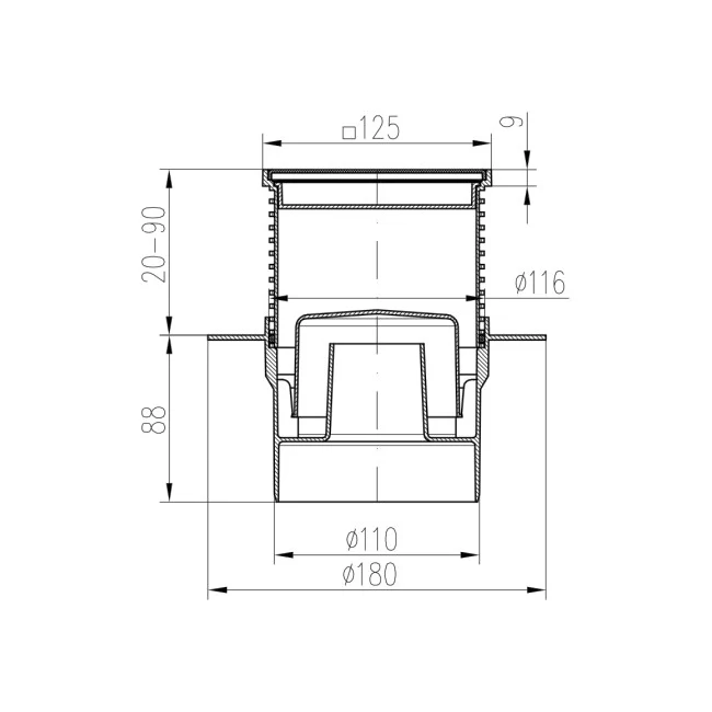 Sifon de pardoseala MCH cu iesire verticala DN 110/H reglabil, rectangular cu guler/flansa