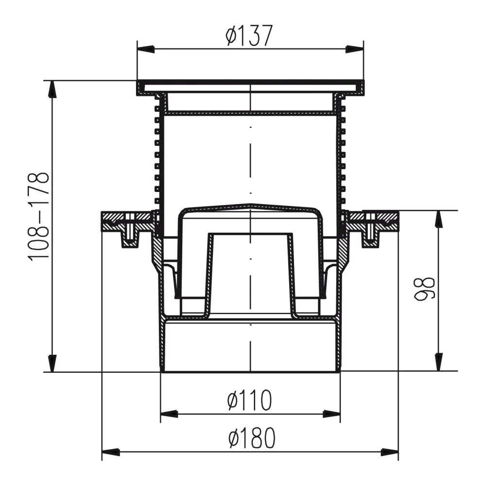Sifon de pardoseala MCH cu iesire verticala DN 110/H reglabil, rotund cu guler/flansa