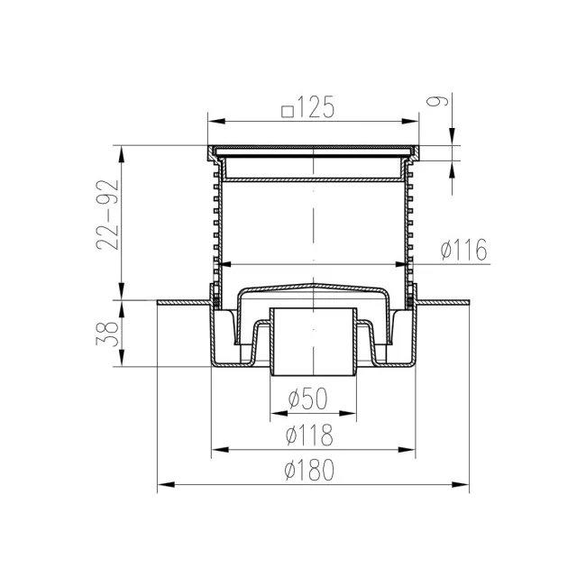 Sifon de pardoseala MCH cu iesire verticala DN 50/H reglabil, rectangular cu guler/flansa