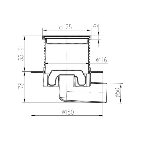Sifon de pardoseala MCH Neptun cu iesire orizontala DN 50/H reglabil, rectangular, cu guler/flansa