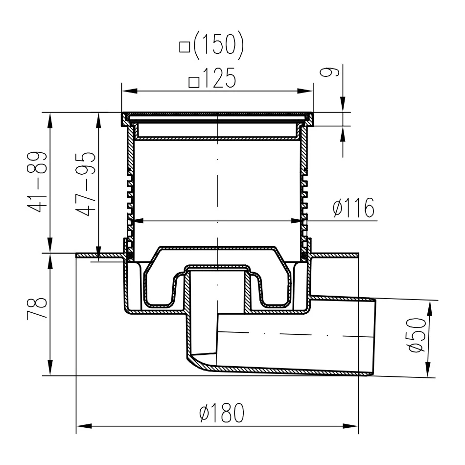 Sifon de pardoseala Neptun iesire orizontala D50/h reglabil cu gratar de inox face 125x125 si guler, MCH Chudej
