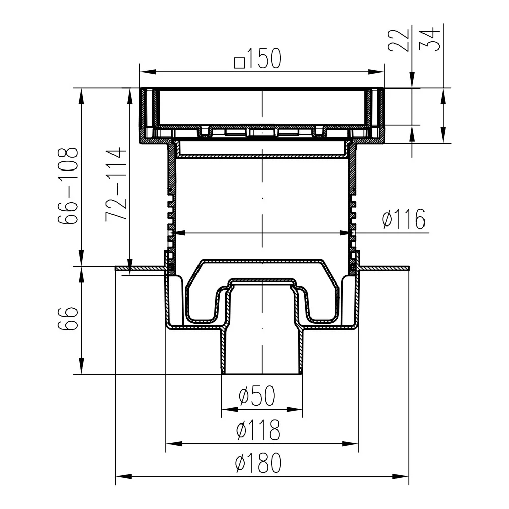 Sifon de pardoseala neptun iesire verticala D50/h reglabil cu gratar de inox ceramic 150x150 si guler, MCH Chudej