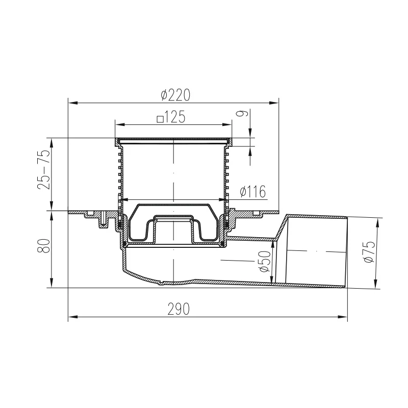 Sifon pentru dus fara cadita cu evacuare laterala D50/75 cu flotor antimiros, cadru plastic si gratar de inox tip FACE BLA...