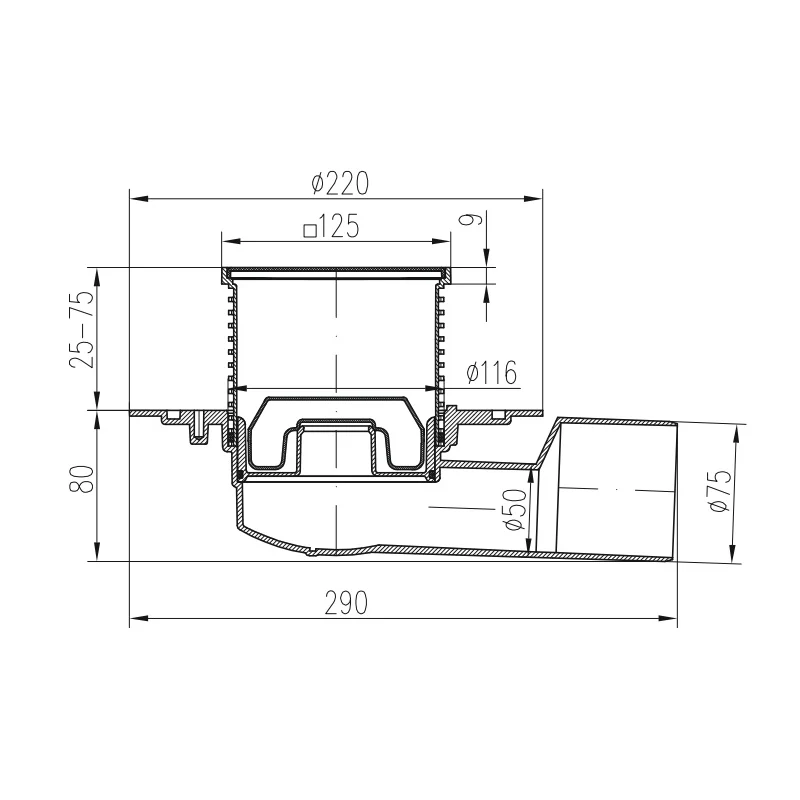 Sifon pentru dus fara cadita cu evacuare laterala D50/75 cu flotor antimiros, cadru si gratar de inox tip face 125X125 mm