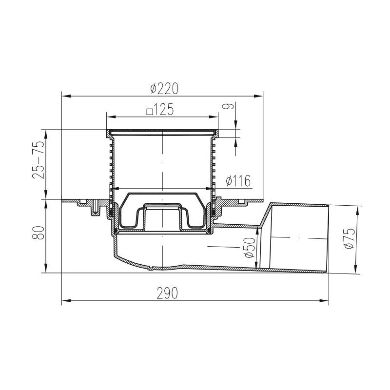 Sifon pentru dus fara cadita cu evacuare laterala D50/75 cu flotor antimiros, cadru plastic si gratar de inox tip gate bla...