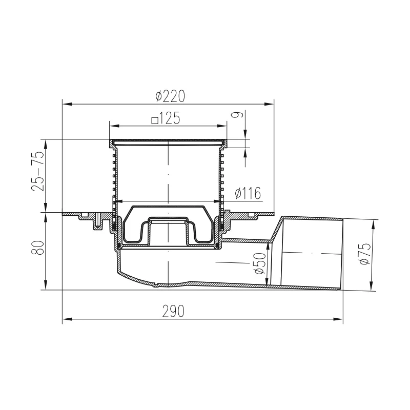Sifon pentru dus fara cadita cu evacuare laterala D50/75 cu flotor antimiros, cadru si gratar de inox tip gate 125X125 mm