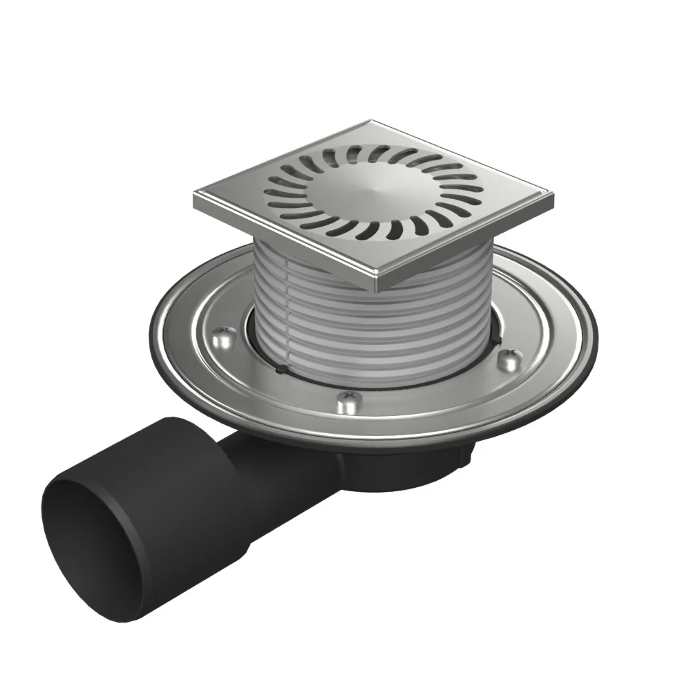 Sifon pentru dus fara caditacu evacuare laterala D50/75 cu flotor antimiros, cadru si gratar de inox tip SUN 125X125 mm